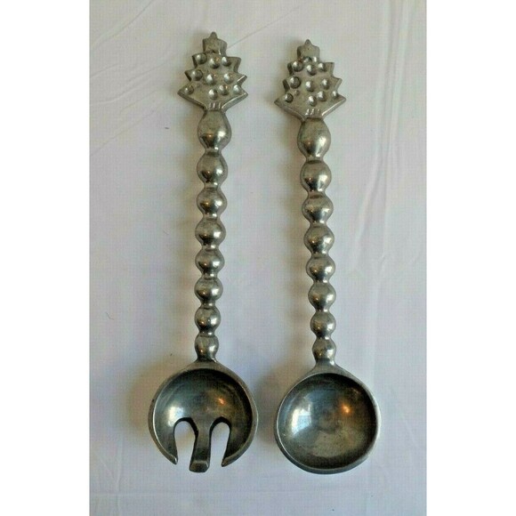 Vintage Silver Christmas Tree Salad Serving Fork & Spoon Made In India Metal - Picture 1 of 5
